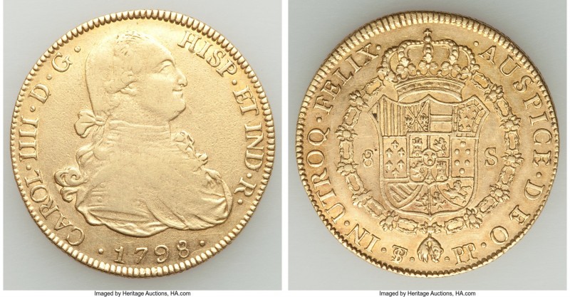 Charles IV gold 8 Escudos 1798 PTS-PP XF, Potosi mint, KM81. 36.9mm. 26.93gm. In...