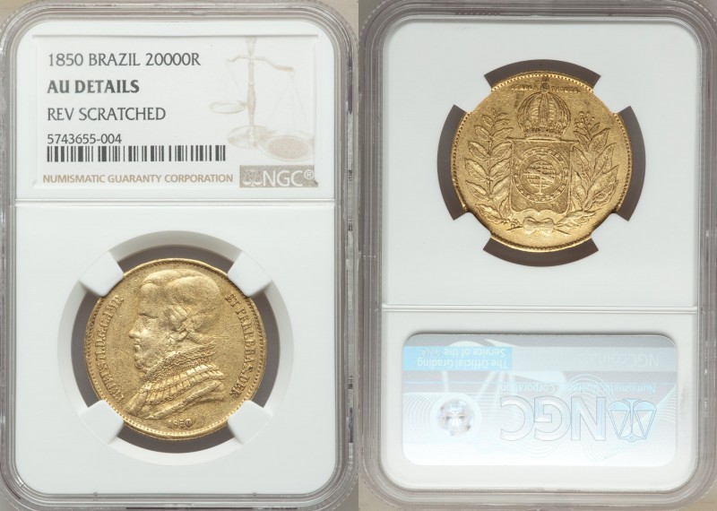 Pedro II gold 20000 Reis 1850 AU Details (Reverse Scratched) NGC, KM461. AGW 0.5...