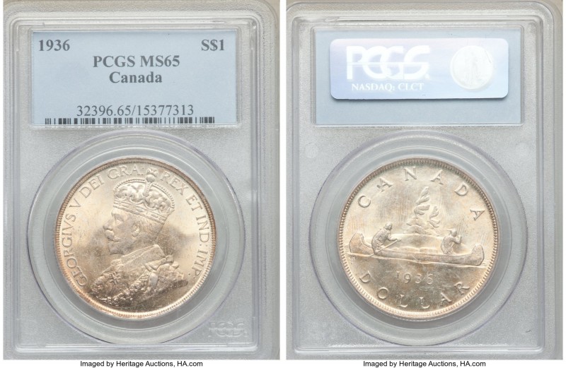 George V Dollar 1936 MS65 PCGS, Royal Canadian mint, KM31. Gently covered in lig...