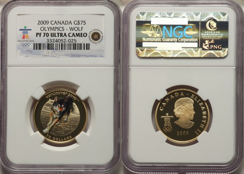 Elizabeth II gold Proof 75 Dollars 2009 PR70 Ultra Cameo NGC, KM910. Enameled wo...