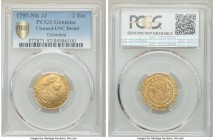 Charles IV gold 2 Escudos 1797 NR-JJ UNC Details (Cleaned) PCGS, Nuevo Reino mint, KM60.1. Full detail with harvest gold fields and peach toning. 

HI...