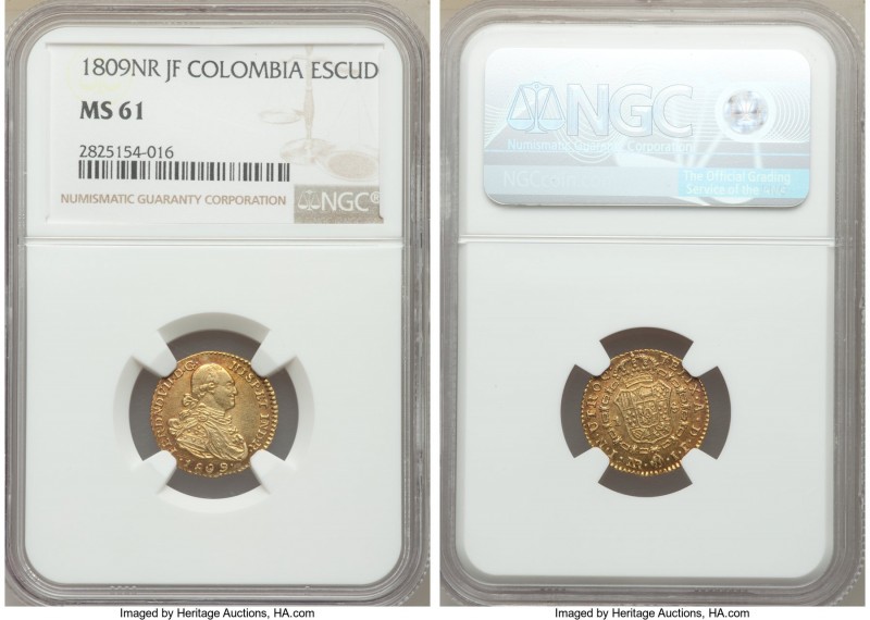 Ferdinand VII gold Escudo 1809 NR-JF MS61 NGC, Nuevo Reino mint, KM64.1. Nicely ...