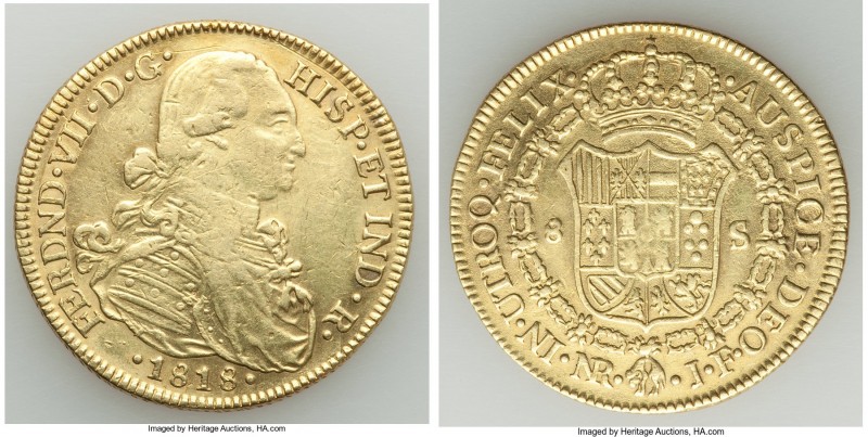 Ferdinand VII gold 8 Escudos 1818 NR-JF XF, Nuevo Reino mint, KM66.1. 37.1mm. 26...