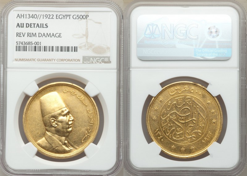 Fuad I gold 500 Piastres AH 1340 (1922) AU Details (Reverse Rim Damage) NGC, Bri...