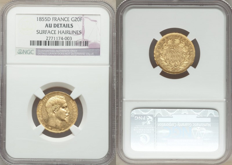 Napoleon III gold 20 Francs 1855-D AU Details (Surface Hairlines) NGC, Lyon mint...