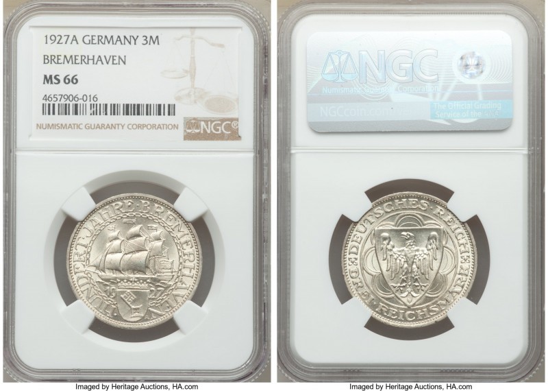 Weimar Republic "Bremerhaven" 3 Mark 1927-A MS66 NGC, Berlin mint, KM50.

HID098...