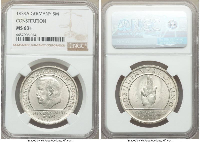 Weimar Republic "Constitution" 5 Mark 1929-A MS63+ NGC, Berlin mint, KM64. 

HID...