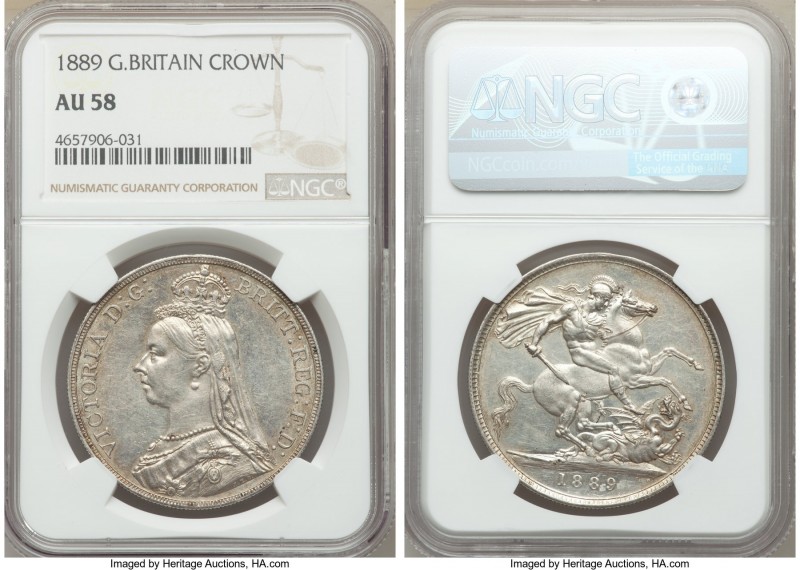 Victoria Crown 1889 AU58 NGC, KM765. Lightest of wear with slight hairlines on t...