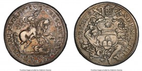 Papal States. Clement XI 1/2 Piastra Anno IIII (1704) XF40 PCGS, KM663, B-2391. Religion on clouds supporting arms / St. Crescentius on horseback righ...
