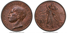 Vittorio Emanuele III 10 Centesimi 1911-R MS63 Red and Brown PCGS, Rome mint, KM51. One year type issued for the 50th Anniversary of the Kingdom. 

HI...