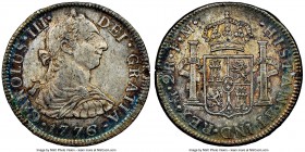 Charles III 2 Reales 1776 Mo-FM AU55 NGC, Mexico City mint, KM88.2. Exquisite toning in shades of dove gray with edges in neon turquoise with subdued ...