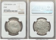 Anna Poltina (1/2 Rouble) 1735 F12 NGC, KM196, Bit-163. Peripheral toning, weakly struck portrait. Scarce denomination. 

HID09801242017