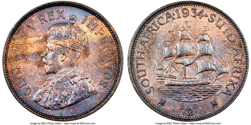 George V 1/2 Penny 1934 MS64 Red and Brown NGC, KM13.3. The light streaks of bri...