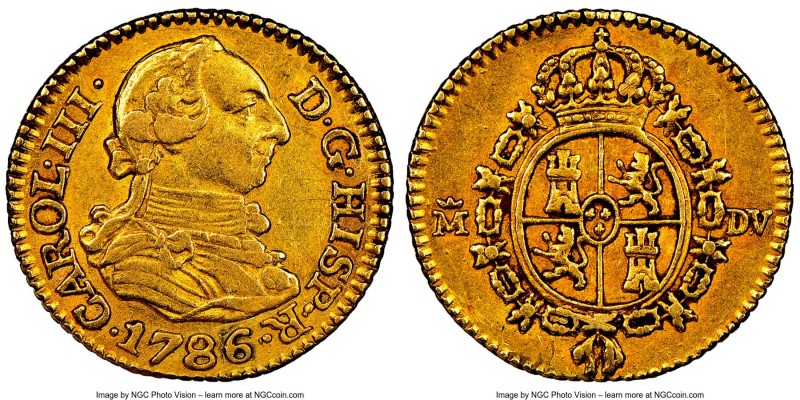 Charles III gold 1/2 Escudo 1786 M-DV AU Details (Cleaned) NGC, Madrid mint, KM4...