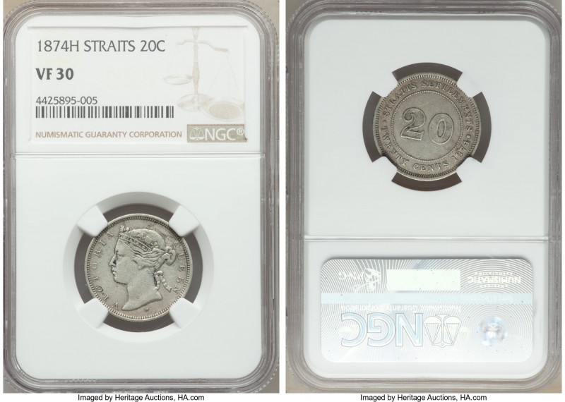 British Colony. Victoria 20 Cents 1874-H VF30 NGC, Heaton mint, KM12. Mintage: 4...