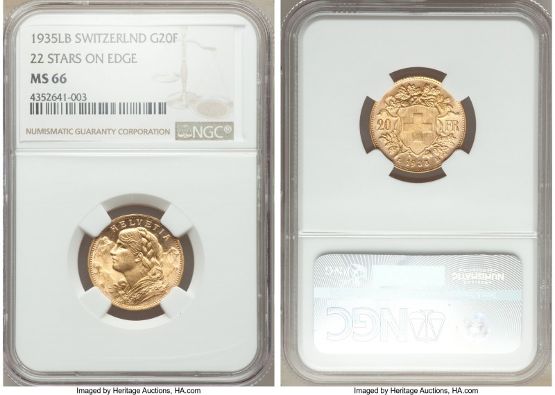 Confederation gold 20 Francs 1935-LB MS66 NGC, Bern mint, KM35.1. 22 stars on ed...