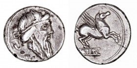 REPÚBLICA ROMANA
TITIA
Denario. AR. A/Cabeza del dios Mutinus Titinus a la der. R/Pegaso a der., debajo Q. TITI. 3,93 g. FFC.1142. BC+