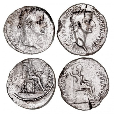 IMPERIO ROMANO
TIBERIO
Lote de 2 monedas. AR. Denario. R/PONTIF. MAXIM. RIC.26...