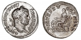 IMPERIO ROMANO
CARACALLA
Denario. AR. R/P.M. TR. P. XV COS. III P.P. Annona sedente a la izq. 2,51 g. RIC.195. Limpiada, si no MBC+