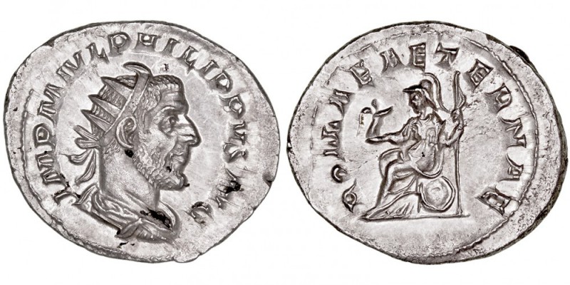 IMPERIO ROMANO
FILIPO I
Antoniniano. AR. R/ROMAE AETERNAE. 3,88 g. RIC.446. EB...
