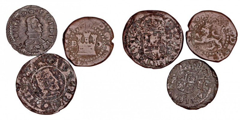 MONARQUÍA ESPAÑOLA
LOTES DE CONJUNTO
Lote de 3 monedas. AE. Felipe II 2 Cuarto...