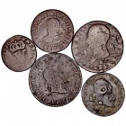 MONARQUÍA ESPAÑOLA
LOTES DE CONJUNTO
Lote de 5 monedas. AE. Felipe V Sisé 1710 Valencia, Carlos III 4 Maravedís 1788 Segovia (agujeritos), José Napo...