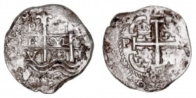 MONARQUÍA ESPAÑOLA
CARLOS II
2 Reales. AR. Potosí V. 1683. Dos fechas visibles. 5,48 g. Cal.612. Escasa. MBC-