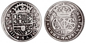 MONARQUÍA ESPAÑOLA
CARLOS III PRETENDIENTE
2 Reales. AR. Barcelona. 1711. 4,43 g. Cal.27. Escasa. MBC-