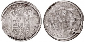 MONARQUÍA ESPAÑOLA
FELIPE V
2 Reales. AR. Cuenca JJ. 1725. 5,06 g. Cal.60. Rebaba y ligera muesca en canto, si no BC-