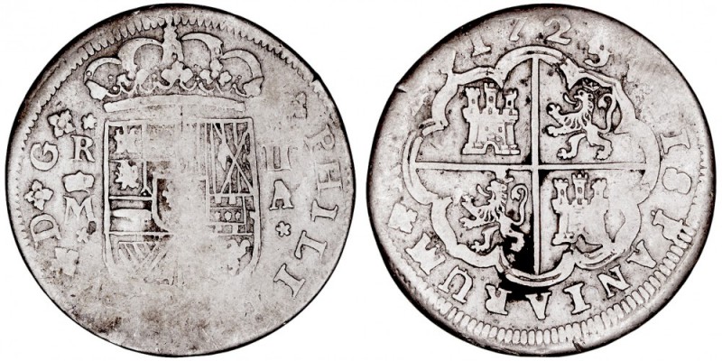 MONARQUÍA ESPAÑOLA
FELIPE V
2 Reales. AR. Madrid A. 1725. 3,94 g. Cal.1252. BC...