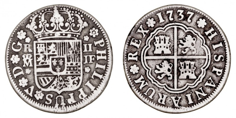MONARQUÍA ESPAÑOLA
FELIPE V
2 Reales. Latón. Madrid JF. 1737. Falsa de época. ...