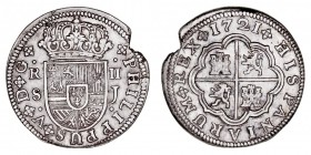 MONARQUÍA ESPAÑOLA
FELIPE V
2 Reales. AR. Sevilla J. 1721. 5,62 g. Cal.1423. Muesca de acuñación, si no MBC