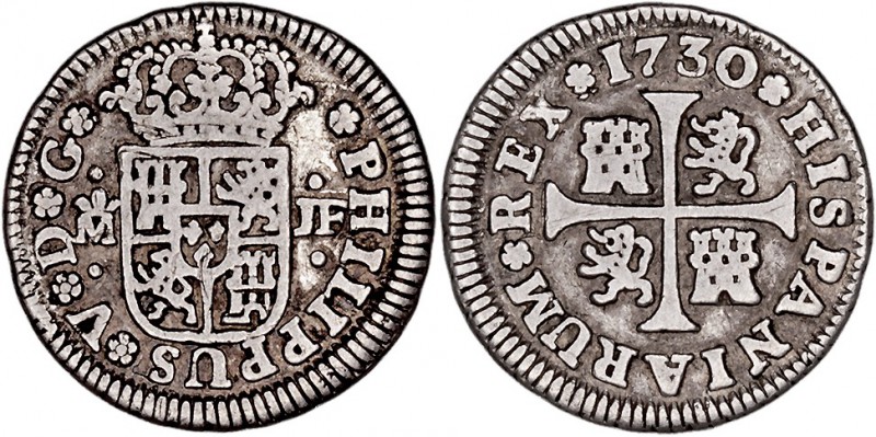 MONARQUÍA ESPAÑOLA
FELIPE V
1/2 Real. AR. Madrid JF. 1730. 1,38 g. Cal.1790. M...