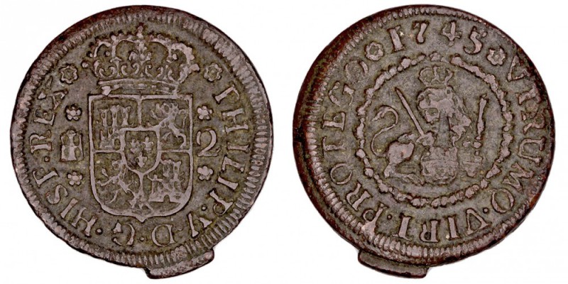 MONARQUÍA ESPAÑOLA
FELIPE V
2 Maravedís. AE. Segovia. 1745. Cal.1997. Rebaba d...