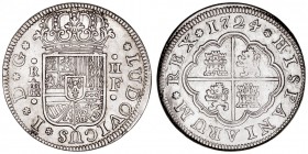 MONARQUÍA ESPAÑOLA
LUIS I
2 Reales. AR. Segovia F. 1724. 5,88 g. Cal.41. Muy escasa. MBC