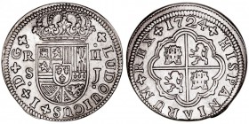 MONARQUÍA ESPAÑOLA
LUIS I
2 Reales. AR. Sevilla J. 1724. 5,51 g. Cal.42. Muy escasa. MBC+