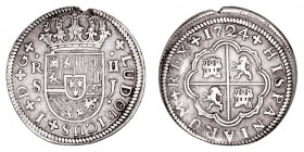 MONARQUÍA ESPAÑOLA
LUIS I
2 Reales. AR. Sevilla J. 1724. 5,27 g. Cal.42. Muesca de acuñación, si no MBC. Escasa