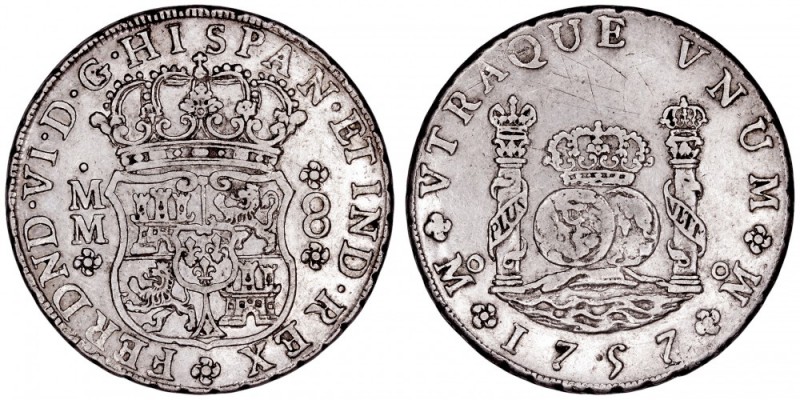 MONARQUÍA ESPAÑOLA
FERNANDO VI
8 Reales. AR. Méjico MM. 1757/6. Tipo columnari...