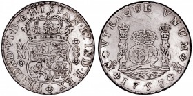 MONARQUÍA ESPAÑOLA
FERNANDO VI
8 Reales. AR. Méjico MM. 1757/6. Tipo columnario. 26,72 g. Cal.341. MBC+