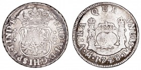 MONARQUÍA ESPAÑOLA
FERNANDO VI
2 Reales. AR. Méjico M. 1748. Tipo columnario. 6,52 g. Cal.488. MBC-