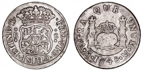 MONARQUÍA ESPAÑOLA
FERNANDO VI
2 Reales. AR. Méjico M. 1748. Tipo columnario. 6,57 g. Cal.488. MBC/MBC-