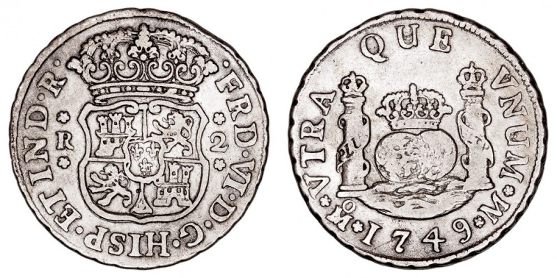 MONARQUÍA ESPAÑOLA
FERNANDO VI
2 Reales. AR. Méjico M. 1749. Tipo columnario. ...
