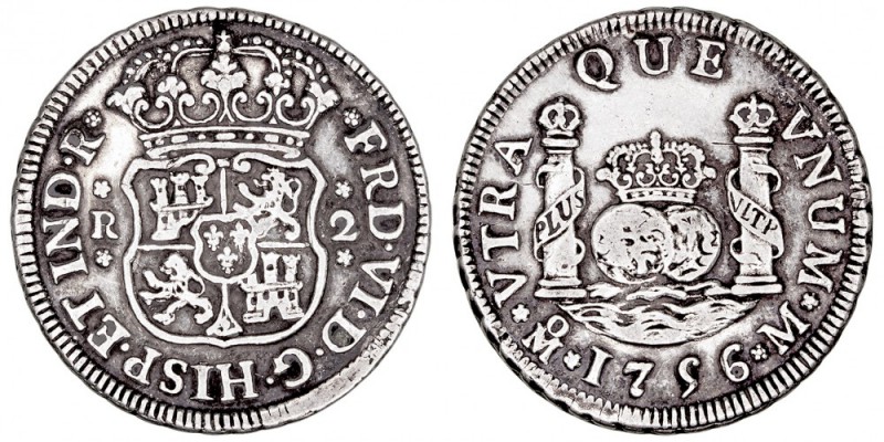 MONARQUÍA ESPAÑOLA
FERNANDO VI
2 Reales. AR. Méjico M. 1756. Tipo columnario. ...