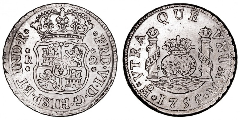 MONARQUÍA ESPAÑOLA
FERNANDO VI
2 Reales. AR. Méjico M. 1756. Tipo columnario. ...