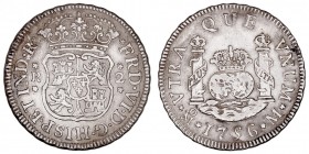 MONARQUÍA ESPAÑOLA
FERNANDO VI
2 Reales. AR. Méjico M. 1756. Tipo columnario. 6,64 g. Cal.496. MBC