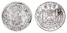 MONARQUÍA ESPAÑOLA
FERNANDO VI
1/2 Real. AR. Lima J. 1753/2. Tipo columnario. 1,63 g. Cal.638 vte. Muy escasa. MBC-