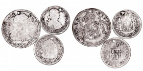 MONARQUÍA ESPAÑOLA
CARLOS III
Lote de 3 monedas. AR. 2 Reales 1775 Potosí JR, Real 1783, Carlos IV Real 1798 Potosí PP. Todas con agujerito. MBC- a ...