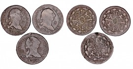 MONARQUÍA ESPAÑOLA
CARLOS III
Lote de 3 monedas. AE. 2 Maravedís 1777, 1787 y 1788 Segovia. BC+ a BC-