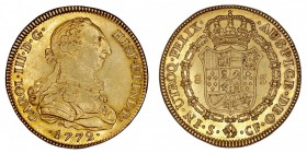 MONARQUÍA ESPAÑOLA
CARLOS III
8 Escudos. AV. Sevilla CF. 1772. Sin punto entre la C y la F de los ensayadores. 27,07 g. Cal.251. Conserva restos de ...