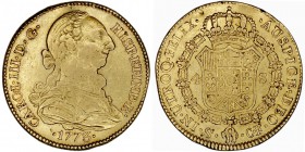 MONARQUÍA ESPAÑOLA
CARLOS III
4 Escudos. AV. Sevilla CF. 1773. 13,37 g. Cal.400. Golpecitos en canto, si no MBC